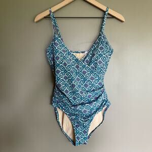 Garnet Hill Floral One Piece Swimsuit Wrap Front Ruched Teal Blue Purple Classic